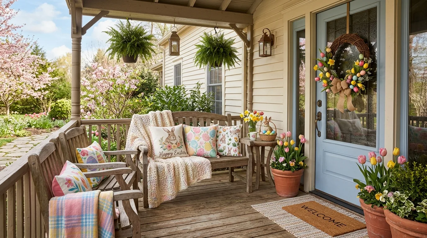 Porch seating with Easter-themed pillows and decor